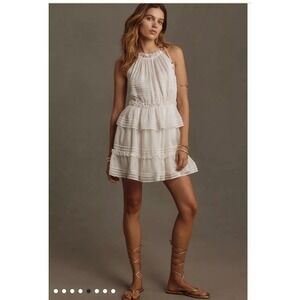 Let Me Be Anthropologie Off White Tiered Ruffled Halter Tie Neck Mini Dress MedP